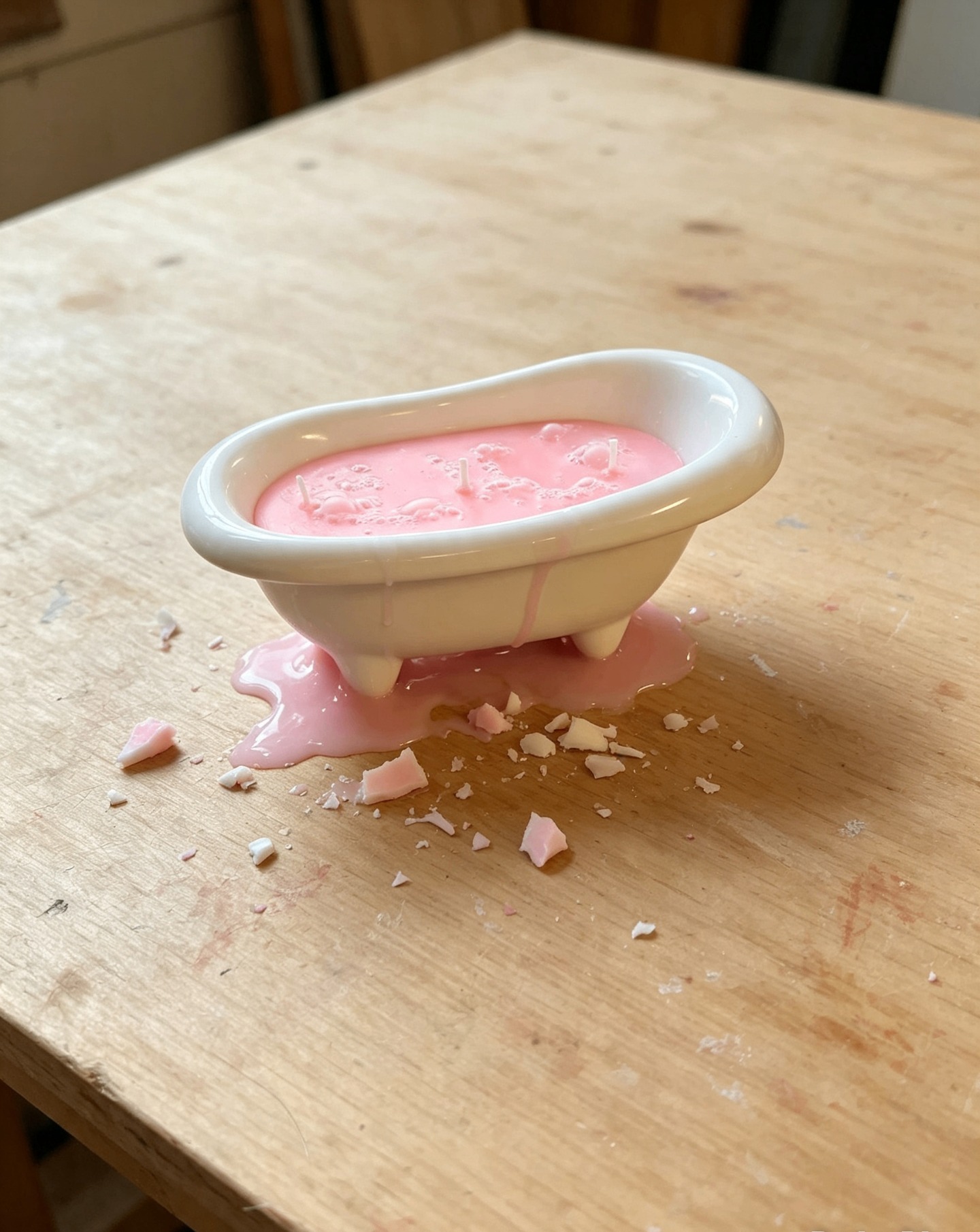 Bespoke pink soy wax candle in a miniature bathtub
