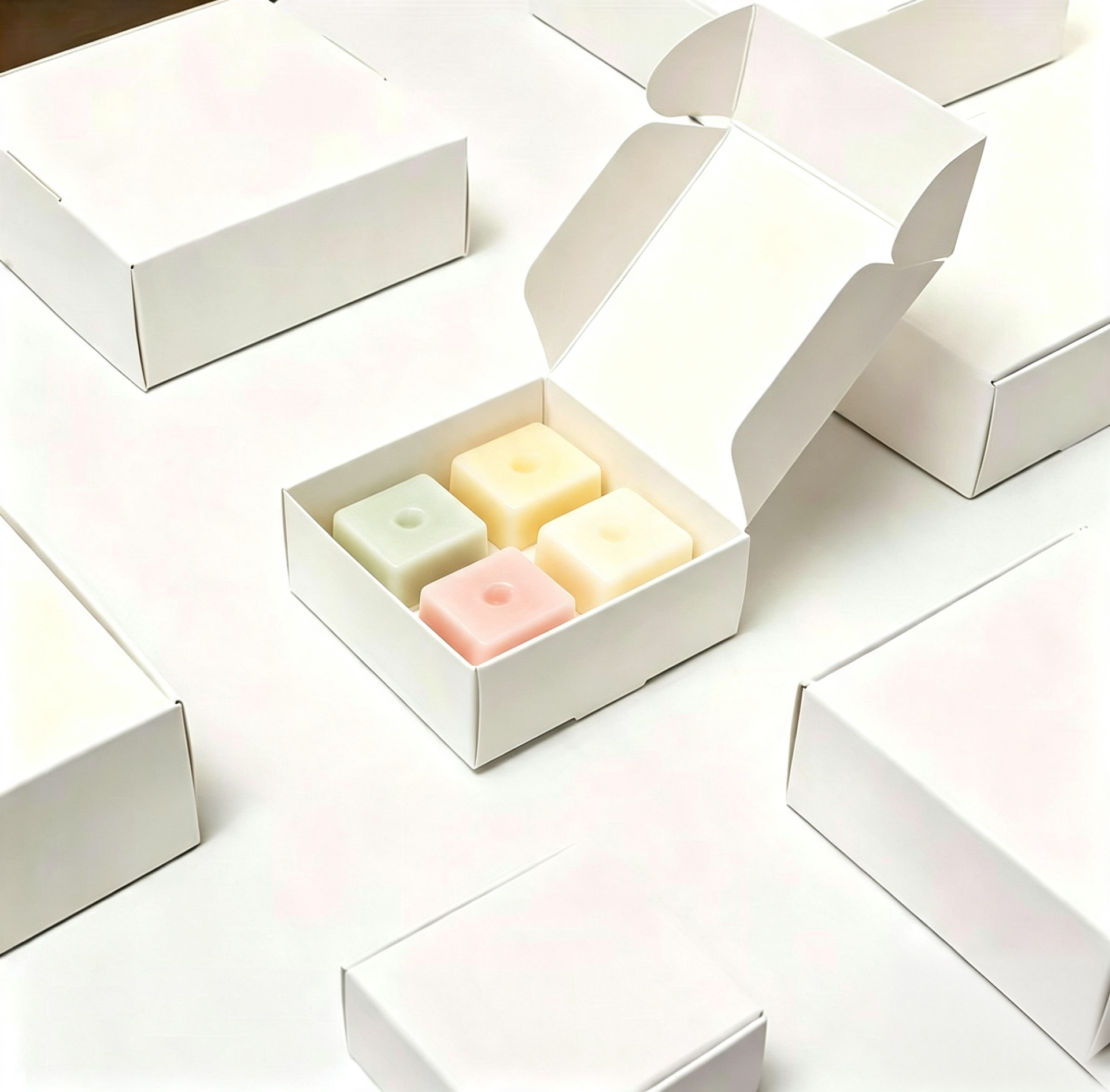 Pastel wax melt samples presented in white boxes
