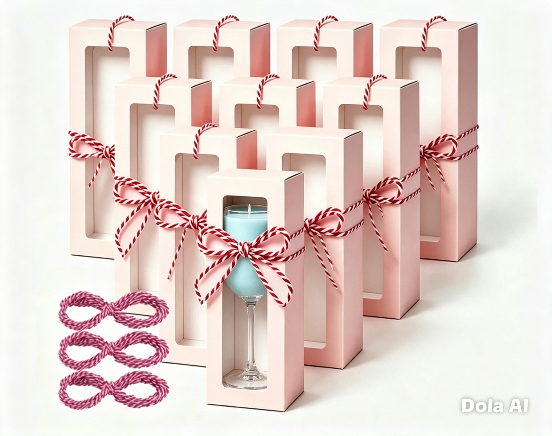 Wine glass soy wax candle favours in gift boxes tied with ribbon