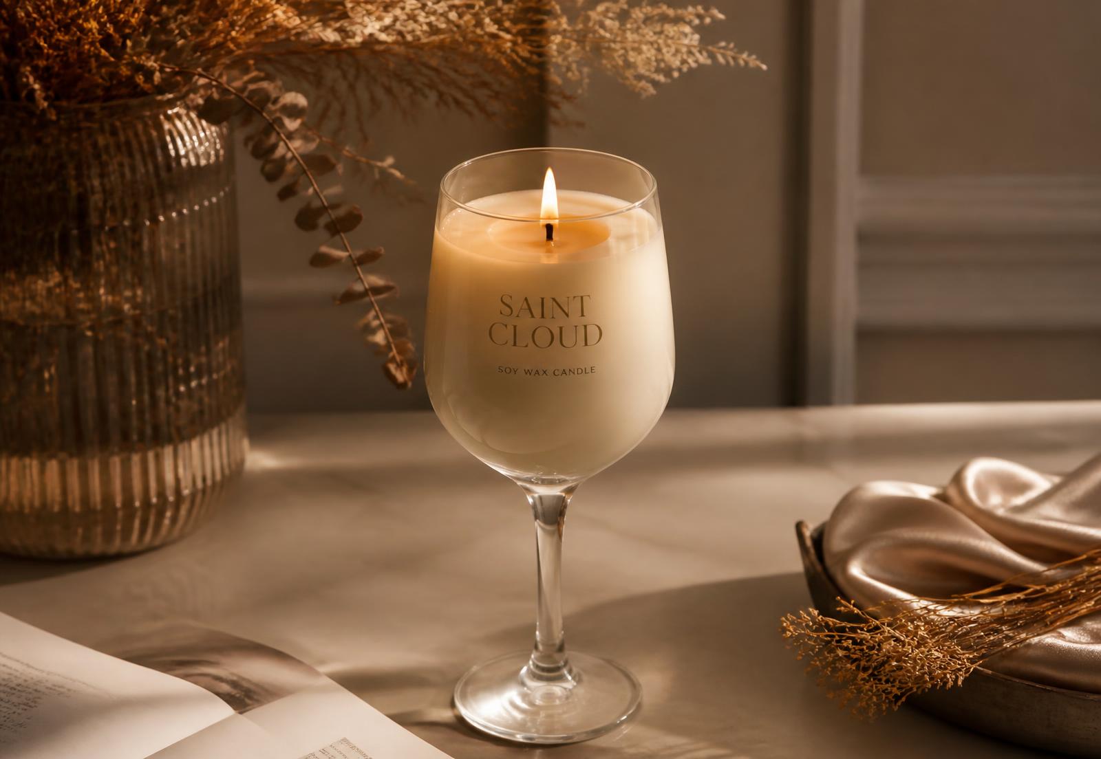 Lit soy wax candle in a wine glass