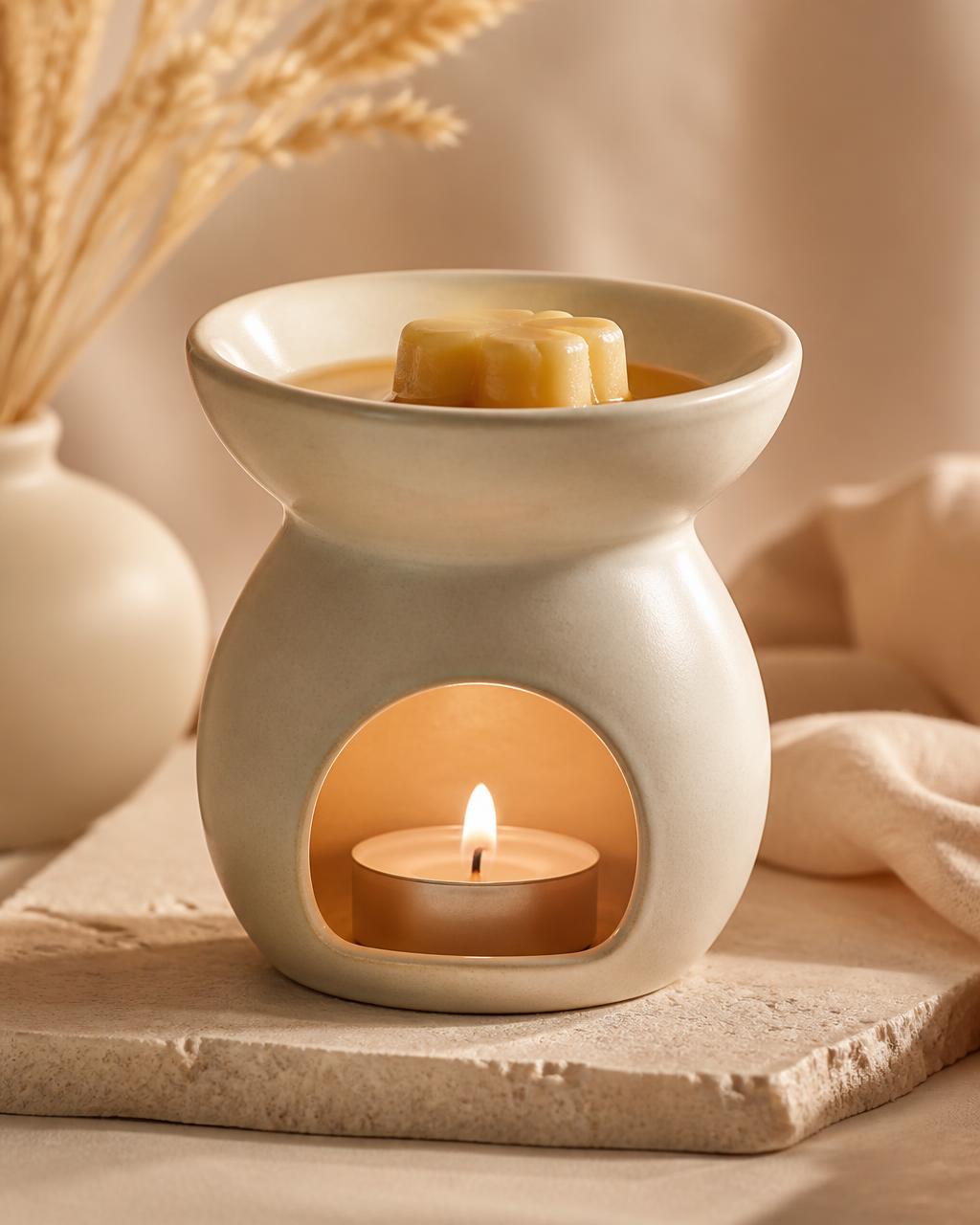 Ceramic wax melter with a lit tealight